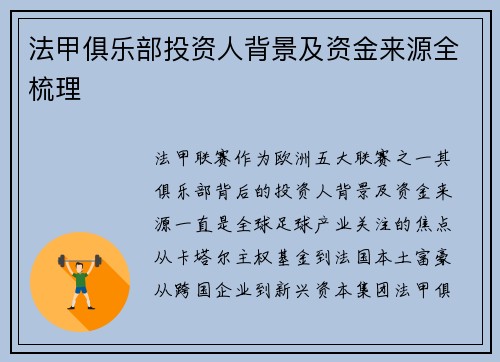 法甲俱乐部投资人背景及资金来源全梳理
