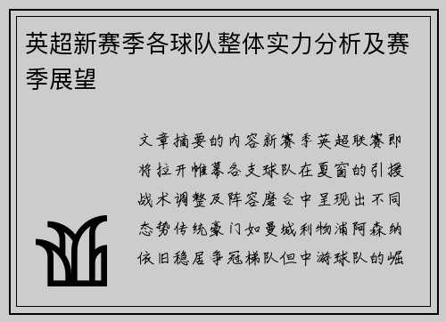 英超新赛季各球队整体实力分析及赛季展望